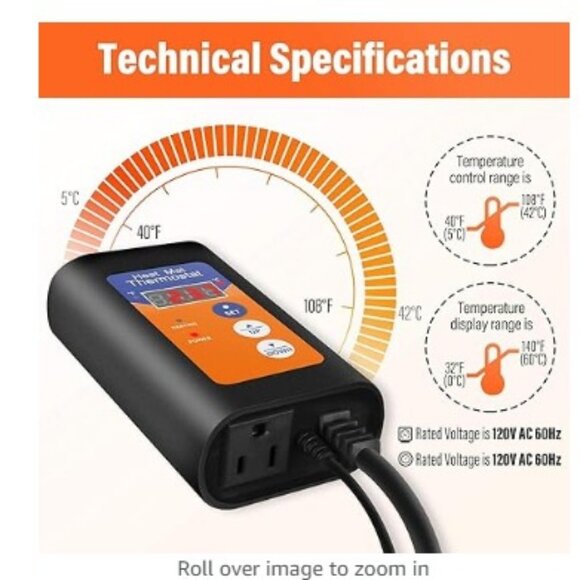 iPower 8X12 Inch Reptile Heat Pad For 40-50 Gallon Tanks and Digital Thermostat - Picture 5 of 6